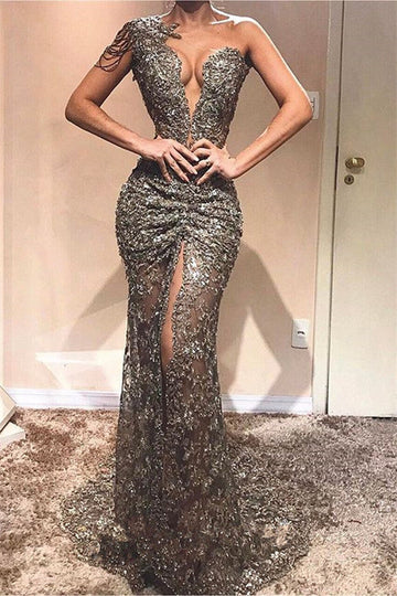 Long Mermaid One Shoulder Lace Prom Dress with Slit
